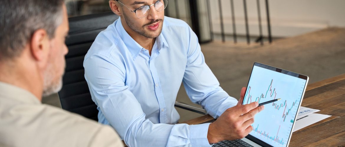 Financial advisor explaining invest stock market data consulting investor.